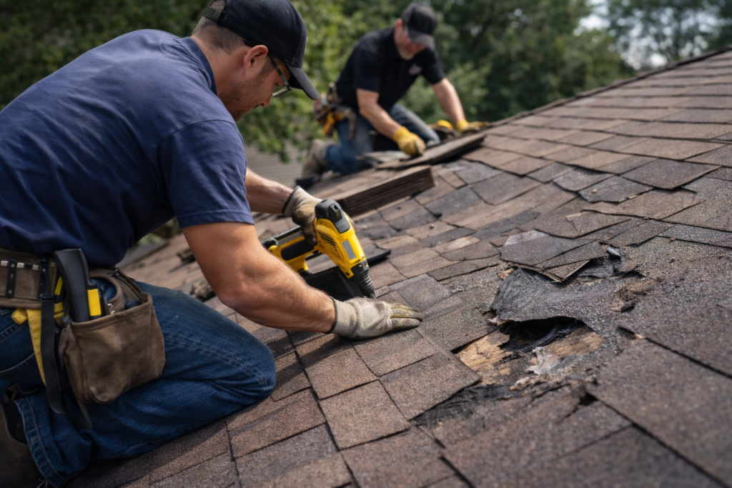 Residential roof repair in West Michigan, contractor fixing damaged shingles and roof leak