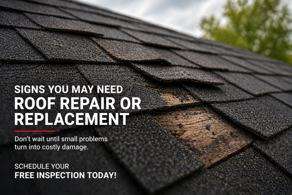 roof repair and replacement signs in Sparta MI with cracked curling and missing asphalt shingles on residential roof
