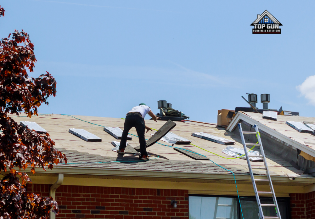 Residential roof replacement with asphalt shingles by Top Gun Roofing & Exteriors in West Michigan.