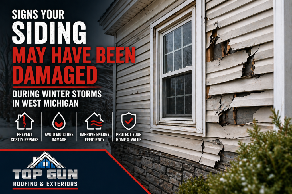 Top Gun Roofing & Exteriors siding damage repair in West Michigan showing winter storm damage to home exterior