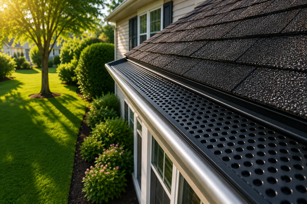Close-up view of gutter guard installation on a residential home in Grandville, MI, helping protect gutters from clogs, water overflow, and seasonal debris.