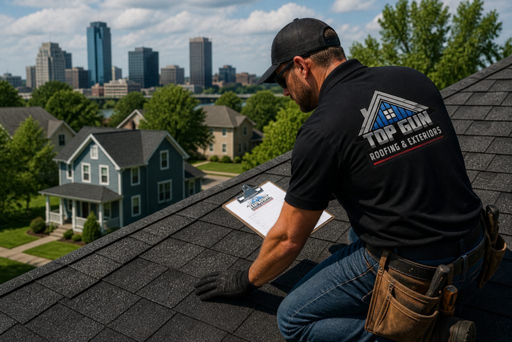 Roof inspection in Grand Rapids MI by local roofing contractor checking for storm damage