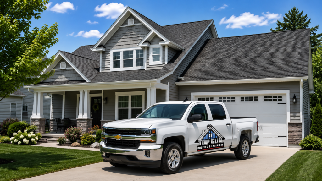 Top Gun Roofing and Exteriors service vehicle at a home in Grand Rapids MI