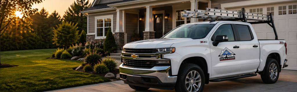 Top Gun Roofing & Exteriors service truck ready to help homeowners with roofing, siding, gutters, and exterior services in Wyoming, MI.