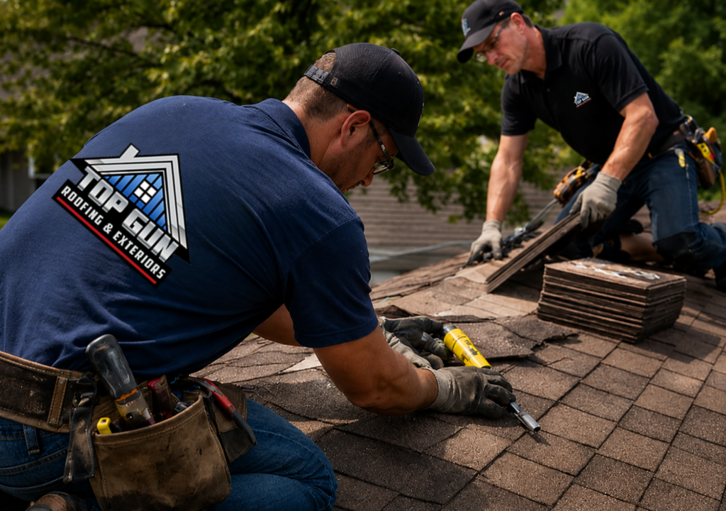 Roof repair and maintenance by a roofing contractor in West Michigan replacing damaged asphalt shingles