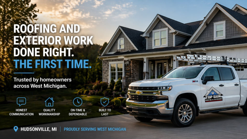 Top Gun Roofing & Exteriors work truck providing roofing and exterior services in Hudsonville, MI.