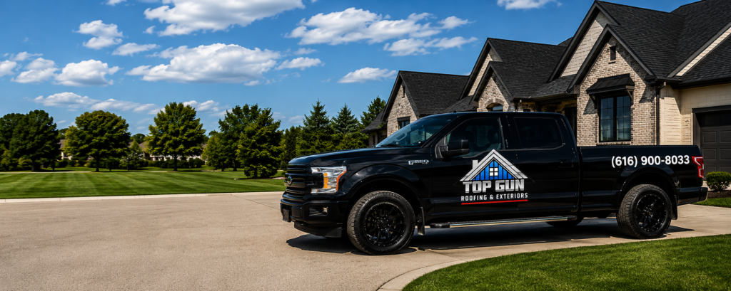 Top Gun Roofing & Exteriors truck parked in front of a home in Hudsonville, MI with 5-star Google reviews and West Michigan roofing services.
