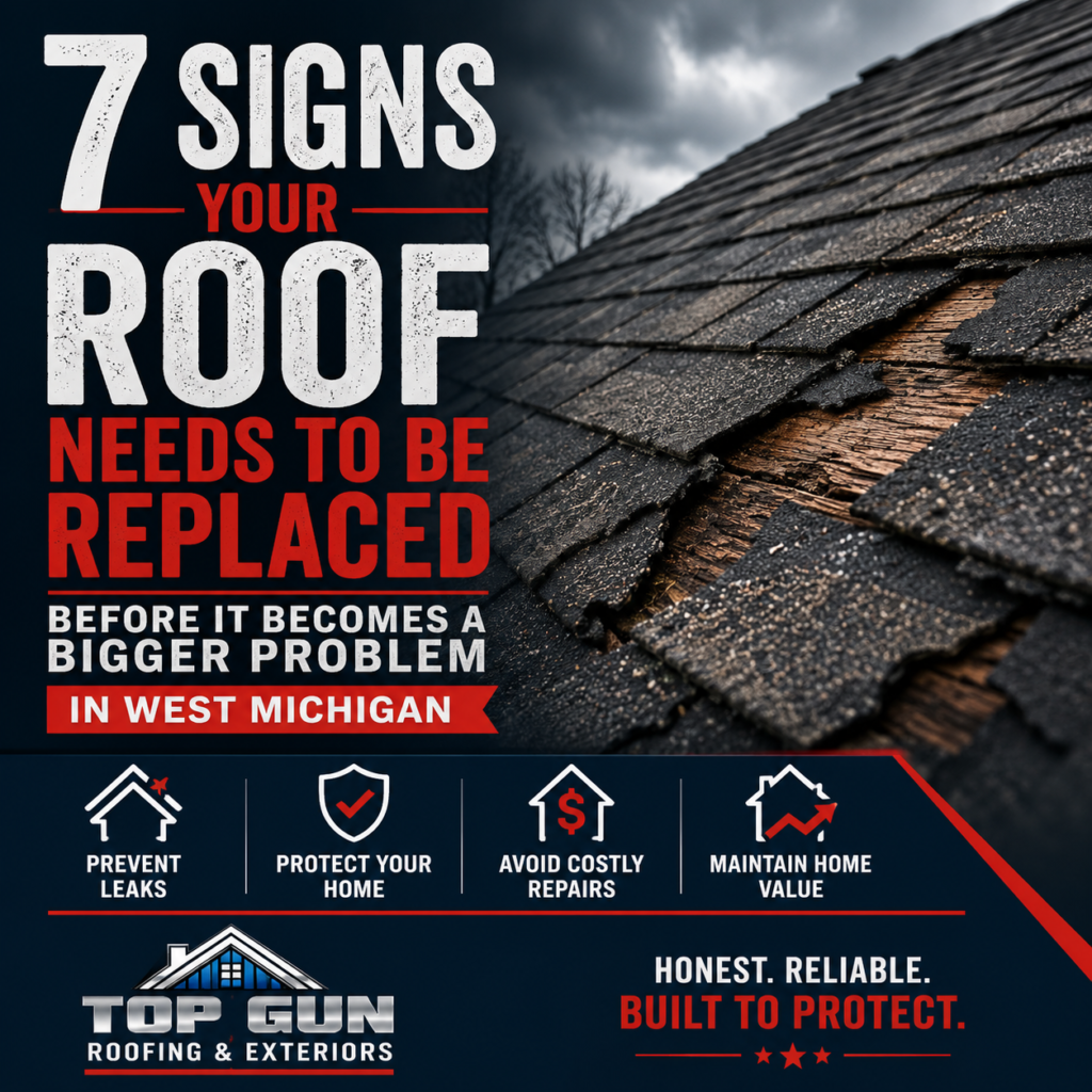 Seven signs your roof needs to be replaced including damaged asphalt shingles on a West Michigan home.