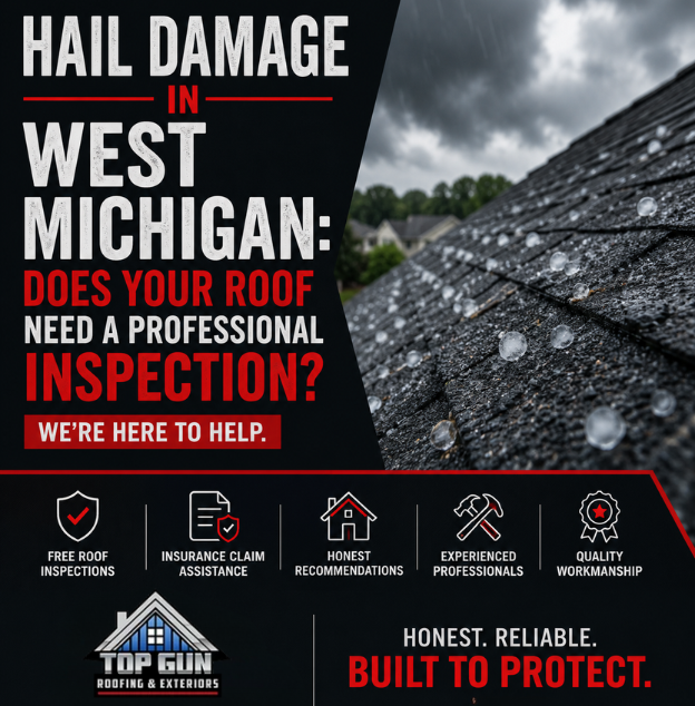 Hail damage on an asphalt shingle roof in West Michigan before a professional roof inspection by Top Gun Roofing & Exteriors.