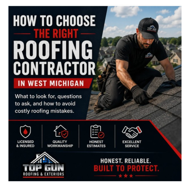 Top Gun Roofing & Exteriors replacing an asphalt shingle roof on a home in West Michigan while explaining the roof replacement timeline.