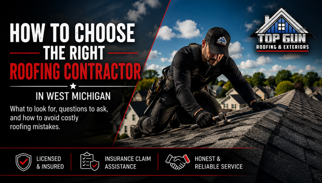 Professional roofer installing asphalt shingles on a residential roof in West Michigan.