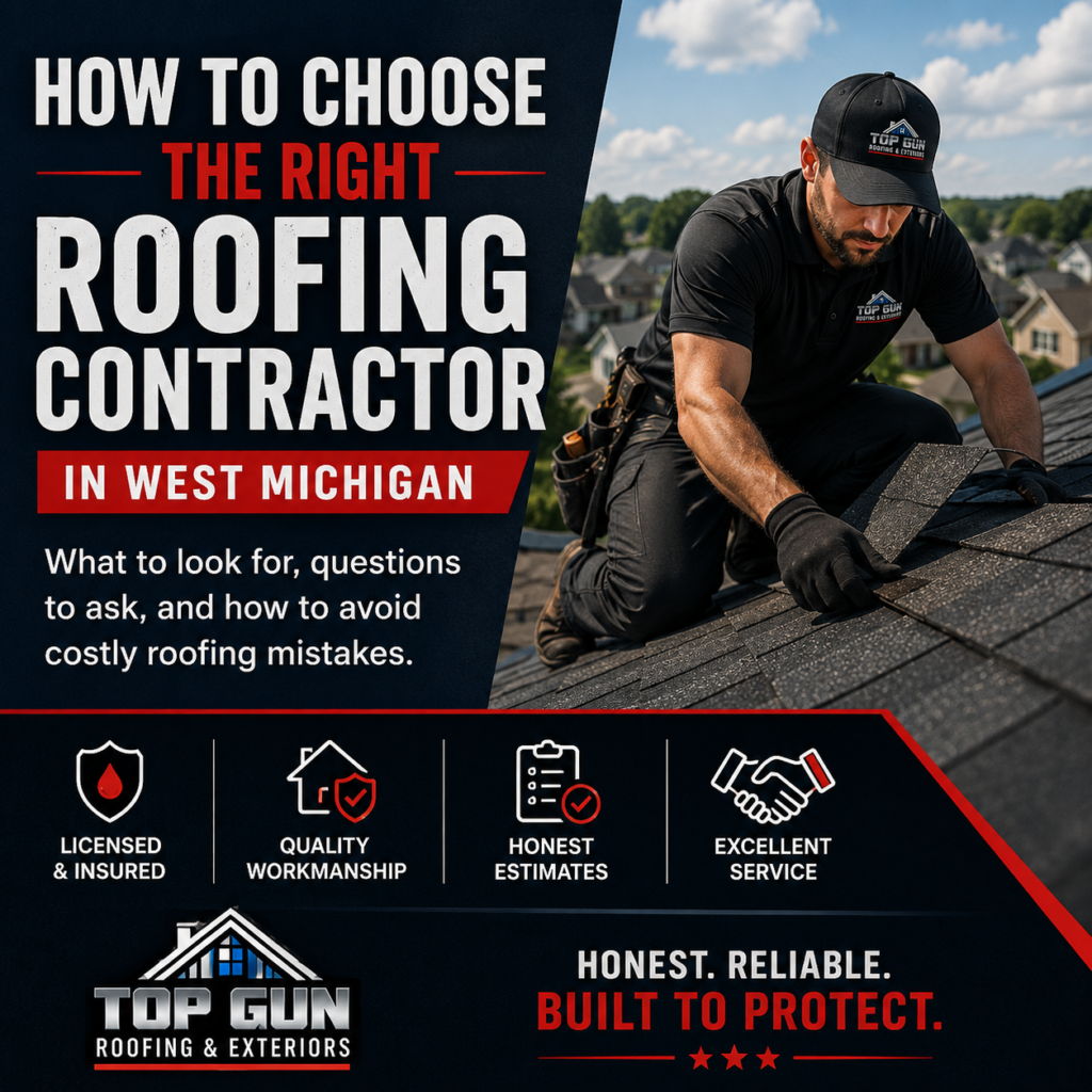 How to Choose the Right Roofing Contractor in West Michigan cover image featuring a professional Top Gun Roofing contractor installing asphalt shingles on a residential roof with the Top Gun Roofing & Exteriors logo.