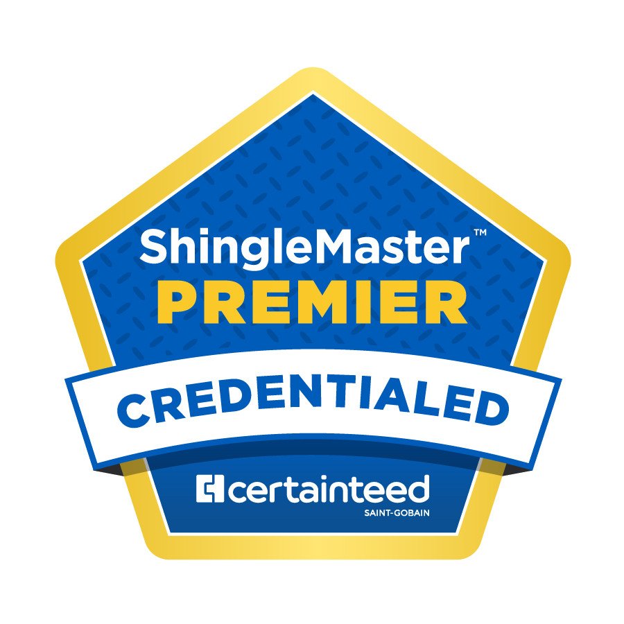 CertainTeed ShingleMaster Premier Credentialed contractor logo representing Top Gun Roofing & Exteriors in West Michigan.